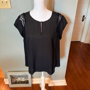 DR2 by Daniel Rainn Petite Crochet Detail Cap Sleeve Blouse, Black, LP